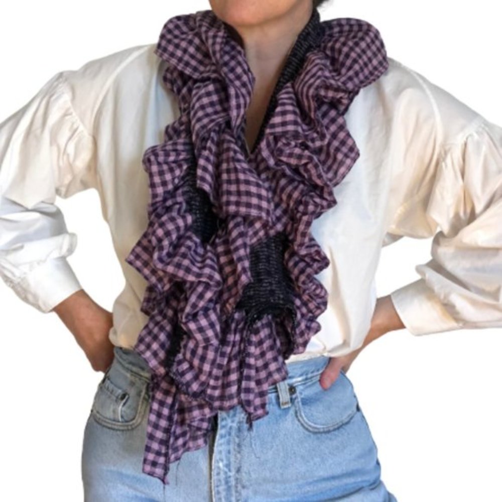 Purple Gingham Cascading Ruffle Country Victorian Lagenlook Preppy Scarf